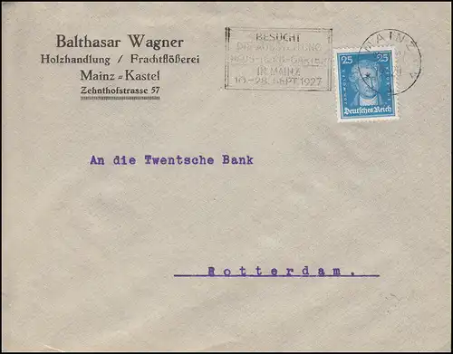 393 Goethe 25 Pf portogerechte EF Brief MAINZ 20.7.1927 nach Rotterdeam