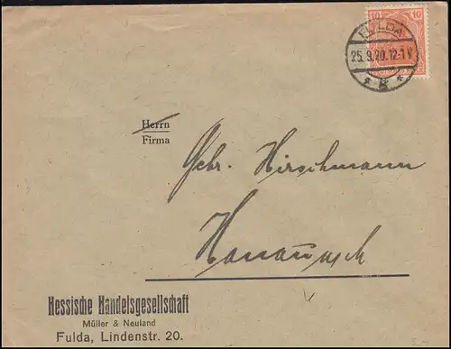 141 Germania 10 Pf en tant qu'EF sur l'impression FULDA g 25.9.1920 vers Hanau