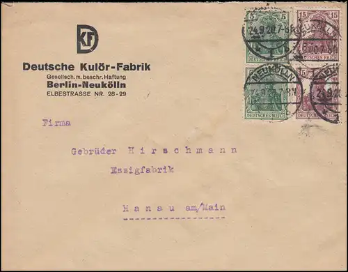 Germania-Mischfrankatur auf Brief NEUKÖLLN 24.9.1920 nach Hanau