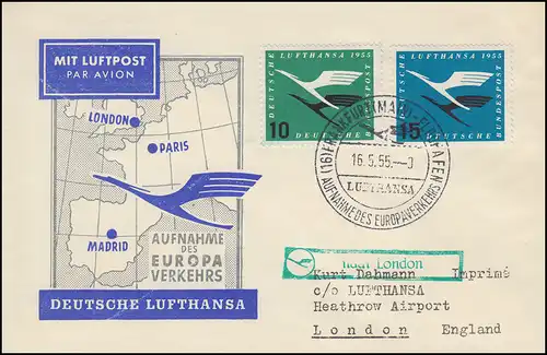 Erstflug Lufthansa Frankfurt/M.-London Schmuck-Brief SSt FRANKFURT/MAIN 16.5.55
