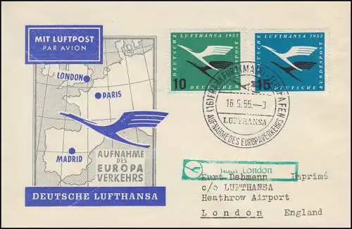 Premier vol Lufthansa Francfort/M.-Londres Lettre de bijoux SSt FRANKFURT/MAIN 16.5.55