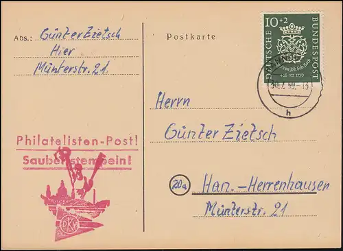 121 Bach 10 Pf auf Orts-Postkarte HANNOVER 30.7.1950