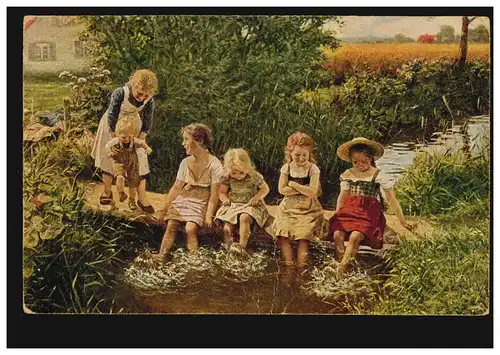 Künstler-AK C. v. Bergen: Plantschende Kinder, Verlag L.&.P., gelaufen 1919