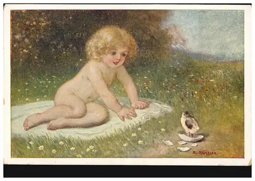 AK Artiste Rudolf Rössler: Enfant avec poussin, édition H. Ch. Vienne 004, non utilisé