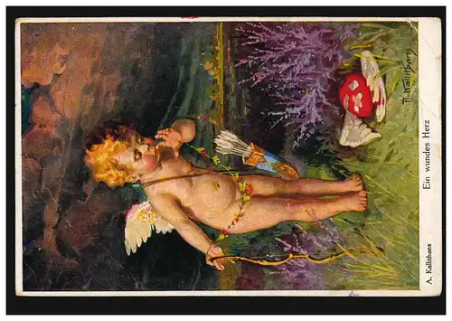Künstler-AK A. Kallithans: Ein wundes Herz mit Amor, Verlag I.K.N. gelaufen 1921