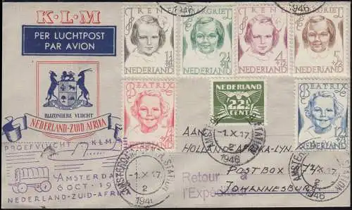 Flugpost KLM Niederlande - Südafrika Brief AMSTERDAM 1.10.46 nach Johannesburg