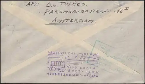 Poste aérien KLM Pays-Bas - Afrique du Sud Lettre AMSTERDAM 1.10.46 à Johannesburg