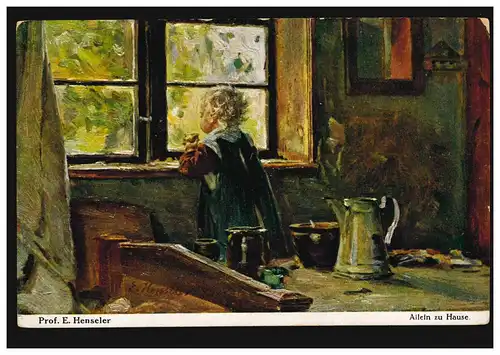 Künstler-AK E. Henseler: Allein zu Hause - Mädchen am Fenster, ungebraucht