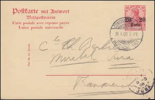 Turquie Carte postale P 12 Germania Carte double CONSTANTINOPEL POST 30.4.1908