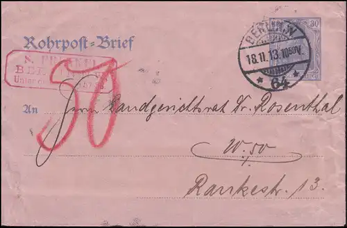 Enveloppe de tube RU 6 de BERLIN 64 - 18.11.1913 vers bertIN W 50 -18.11.13