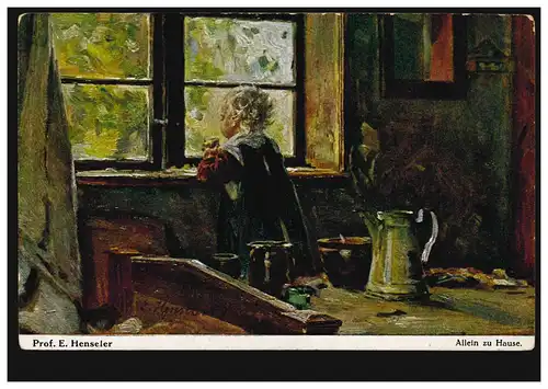 Künstler-AK E. Henseler: Allein zu Hause Mädchen am Fenster, S.V.D., ungebraucht