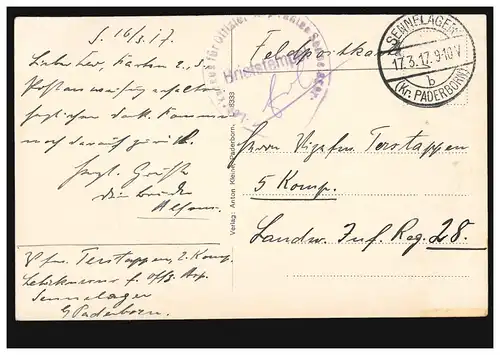 Photo AK motif de la station Senne, poste de terrain SENNELAGER / PADERBORN 17.3.1917