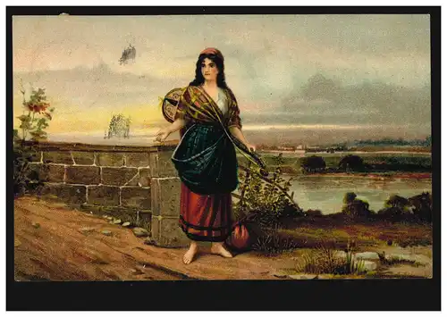 AK artiste femme avec mandoline sur le pont, couru 22.7.1905 à Bonn