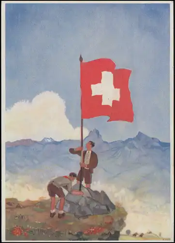 Schweiz: AK Jugendliche hissen Flagge auf dem Berg - Für notleidende Mütter 1939