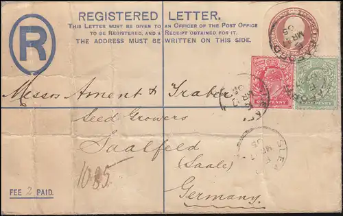 Royaume-Uni Enveloppe d'inscription EU 22 I.B. avec supplément Perfinfr. SLEAFORD 1905
