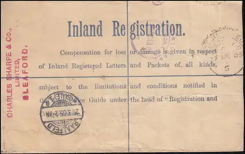 Großbritannien Einschreibeumschlag EU 22 I.B. mit Perfin-Zusatzfr. SLEAFORD 1905