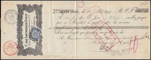 Belgien: Bank-Scheck Mons B.P.F. 13.7.96 mit 55 Freimarke 25 C BRÜSSEL 25.8.1896