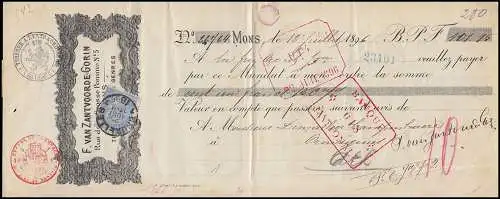 Belgique: chèque bancaire Mons B.P.F. 13.7.96 avec 55 timbres francs 25 C BRUXELLES 25.8.1896