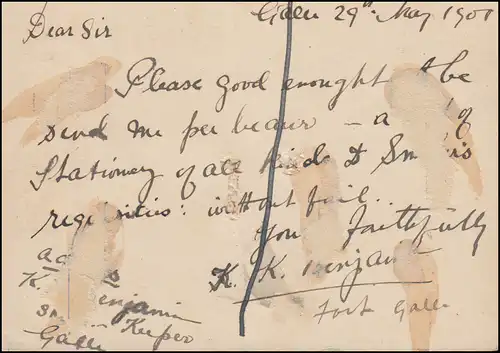 Sri Lanka / Ceylon Postkarte 2 Cents aus GALLE 29.5.1901 nach COLOMBO 29.5.01