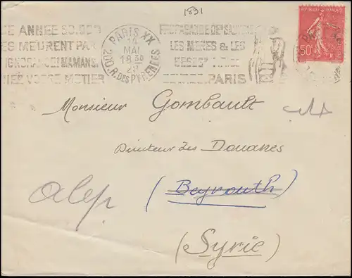 France: timbre publicitaire PARIS XX 200 R. DES PYRENNES 14.5.1928 vers la Syrie