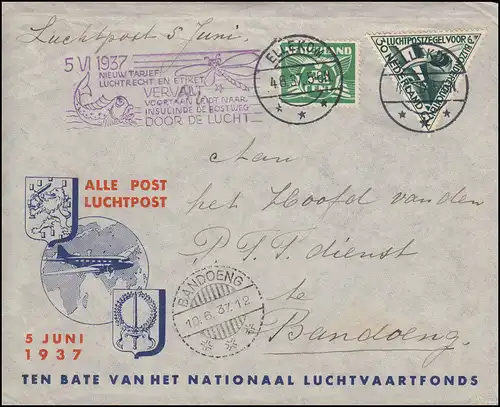 Flugpost Niederlande nach Bandoeng Stempel Neuer Tarif 5.6.37, Bf. ELLEKOM 4.6.
