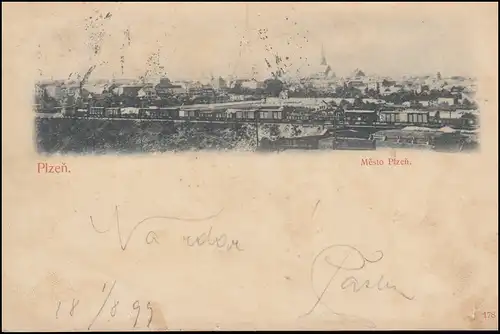 AK Plzen / Pilsen - Panorama, passender Stempel PILSEN - PLZEN 2.8.1899