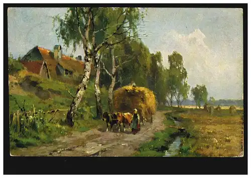 AK Artiste Agriculture: Raccords de bœuf avec fourgon plein, CÖLN 22.7.1909