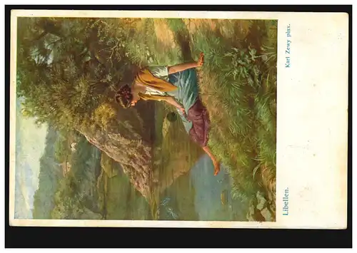 Künstler-AK Karl Zewy: Libellen - Frau am See sitzend, Wiener Kunst, ungebraucht
