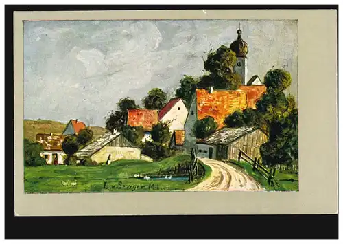 AK Artiste L.v. Senger: Dorfidylle avec église, édition H.K.M., non utilisé