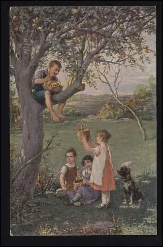 Künstler-AK Humburg: Schenk uns auch Äpfel - Kinder bei Apfelernte, ungebraucht 