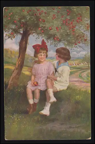 AK Mager: Soyez bon pour moi - Les garçons et les filles avec pommier, RATINGEN 1920