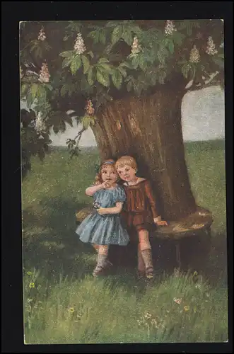 Künstler-AK T. Franzen: Junge Liebe - Mädchen und Junge unterm Kastanienbaum