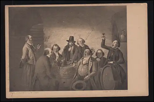 Künstler-AK Männerrunde beim Wein im Wirtshaus, ungebraucht