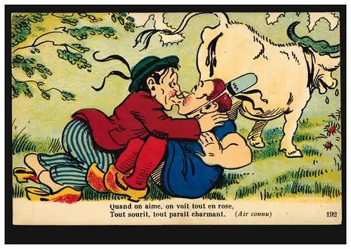 Humor-AK Karikatur: Verliebtes Bauernpaar auf der Wiese - mit Kuh - ungebraucht