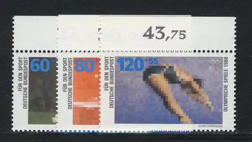 1353-1355 Sporthilfe Fußball Tennis, Kunstspringen 1988, Oberrand, Satz **