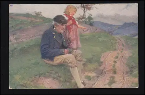 AK Artiste Josef Douba. Grand-père avec petite-fille à la retraite, BUDWOIS 1917