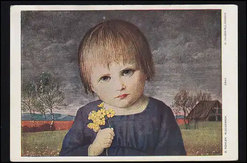 Künstler-AK Huber-Sulzemoos: Kinderportrait mit gelben Blumen, BENSBERG 24.4.31