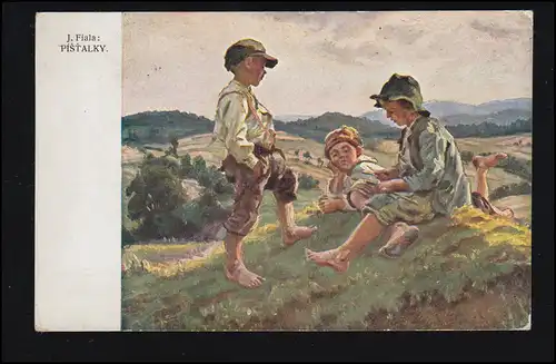 Künstler-AK Josef Fiala: Pistalky - Spielende Jungen auf dem Feld, ungebraucht
