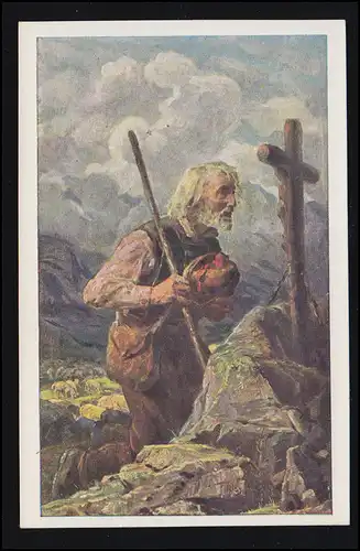 Künstler-AK Riss: Am Wetterkreuz - Betender Wanderer vor Kreuz, ungebraucht 