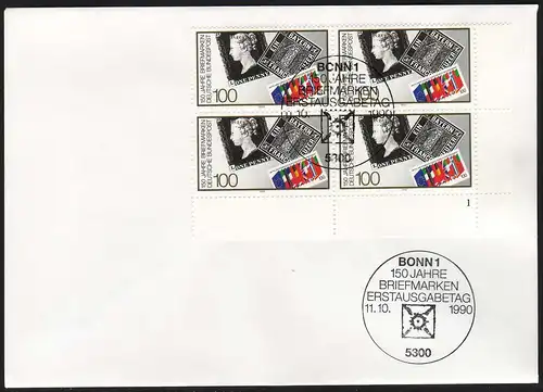 1479 - 150 Jahre Briefmarken, Eckrand-Vbl. FN 1 FDC ESSt Bonn