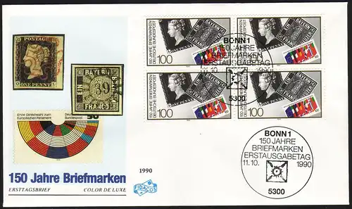 1479 - 150 Jahre Briefmarken, Viererblock auf FIDACOS-FDC ESSt Bonn
