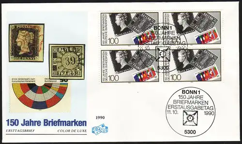 1479 - 150 ans Timbres, bloc quadruple sur FIDACOS-FDC ESSt Bonn