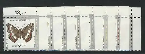 1512-1519 Jugend Schmetterlinge 1991, Ecke o.r. Satz **