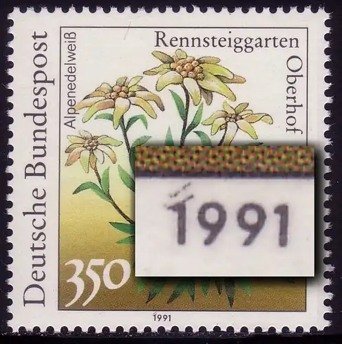 1509 Rennsteig 350 Pf mit PLF zwei Striche über 1991, Feld 15, **