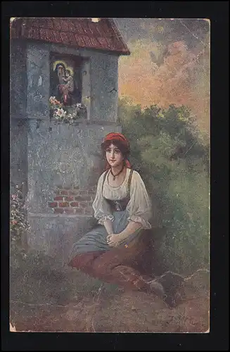 Künstler-AK F. Kern: Verlassen - Betende Frau an Maria-Gedenkstätte, 8.10.1918 
