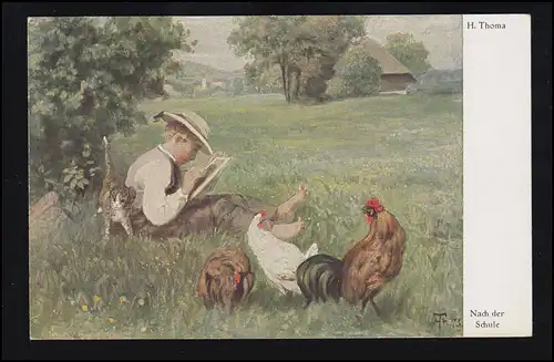 Künstler-AK H. Thoma: Nach der Schule - Malender Junge Katze Hühner, ungebraucht