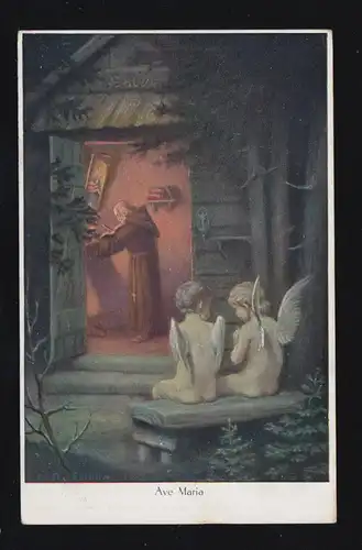 Künstler-AK P.v. Erlang: Ave Maria - Betender Mönch mit zwei Engeln, ungebraucht