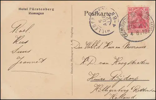 Bahnpost CÖLN (RHEIN) - FRANKFURT (MAIN) ZUG 263 - 4.8.1912 auf AK Remagen