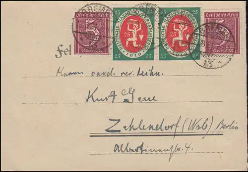110 Nationalversammlung Paar mit 158 Ziffer als MiF auf Brief BREMEN 16.8.1921