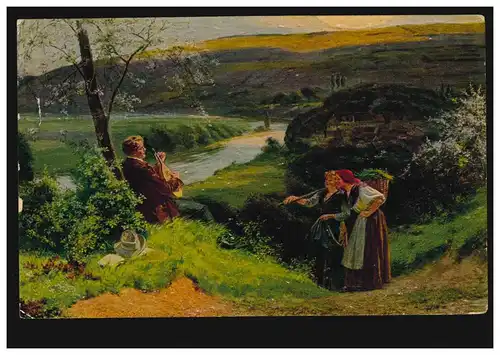 AK C. Schultshö: A la Weser - Musicien avec deux femmes, couru